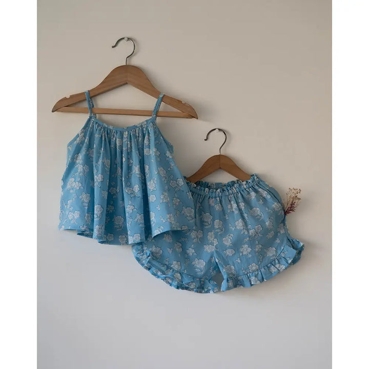 Love The World Today Blossom Powder Blue Spaghetti Top Shorts Set For Girls
