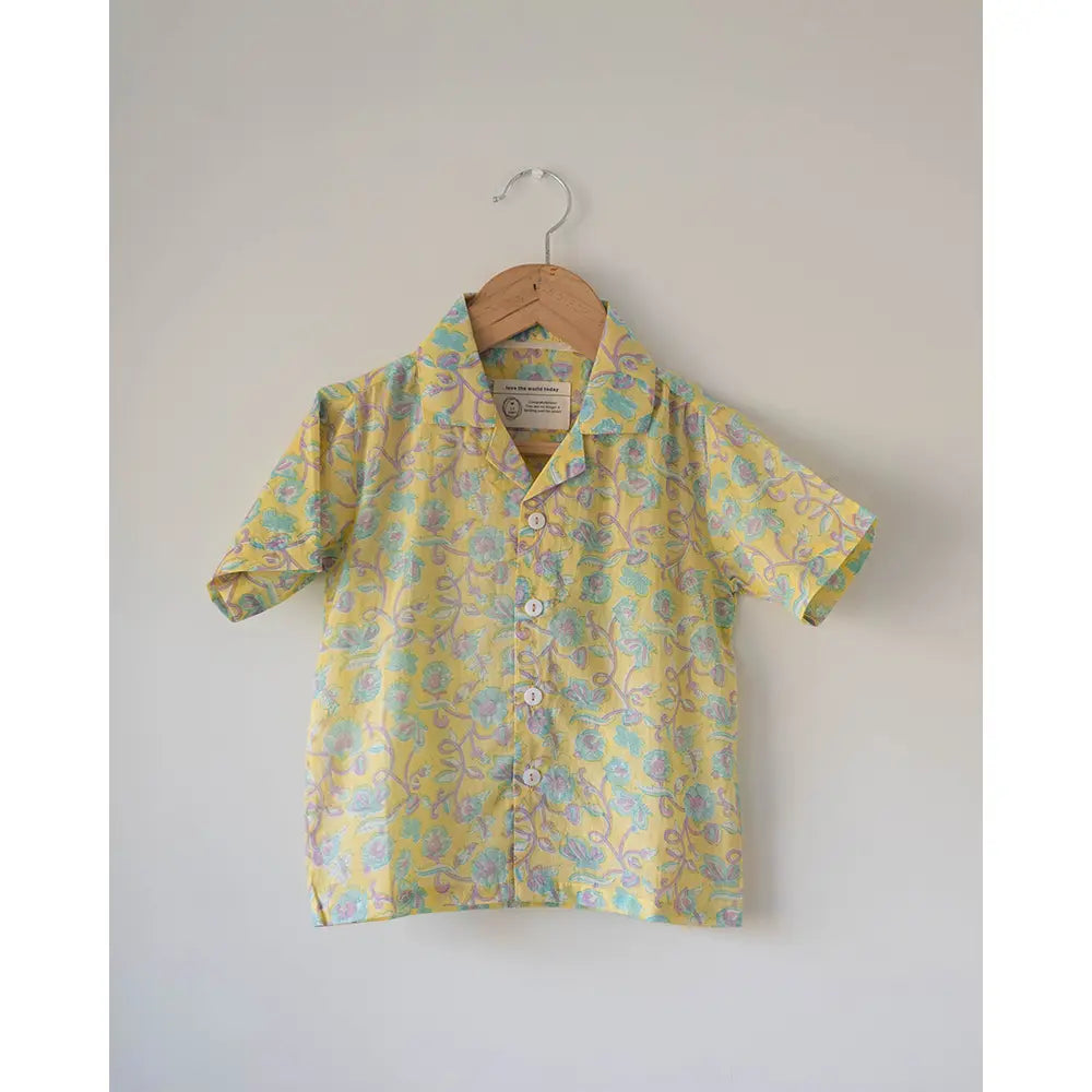 Love The World Today Unisex Boogie Shirt In Lemon Yellow Butterfly Blockprint