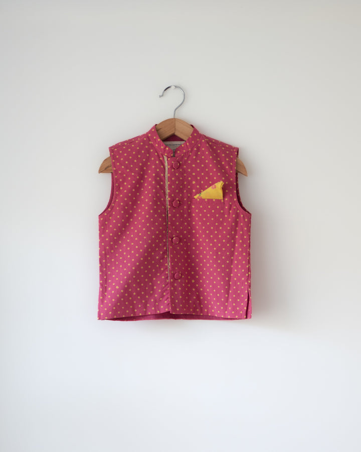 Love The World Today Kumkum Magenta Polka Cotton Bandi Jacket For Boys