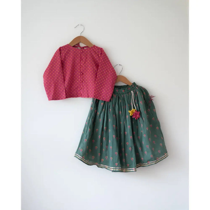 Love The World Today Kopal Magenta Polka Blouse &amp; Green Floral Booti Lehenga Set For Girls