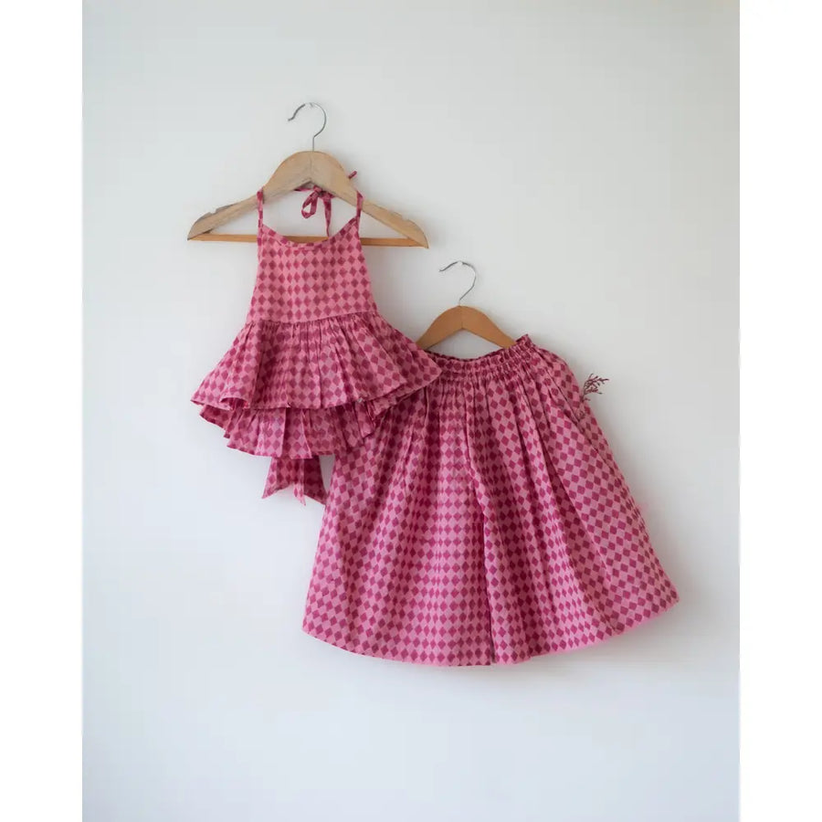 Love The World Today Mishri Pink Rhombus Halter Top & Wide-Leg Palazzo Set For Girls