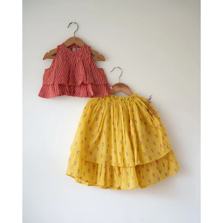 Love The World Today Meera Pink Striped Halter Choli and Yellow Floral Booti Lehenga Set For Girls