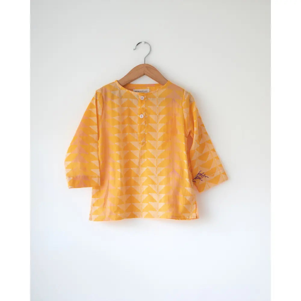 Love The World Today Chandan Mustard Yellow Chevron Cotton Kurta For Boys