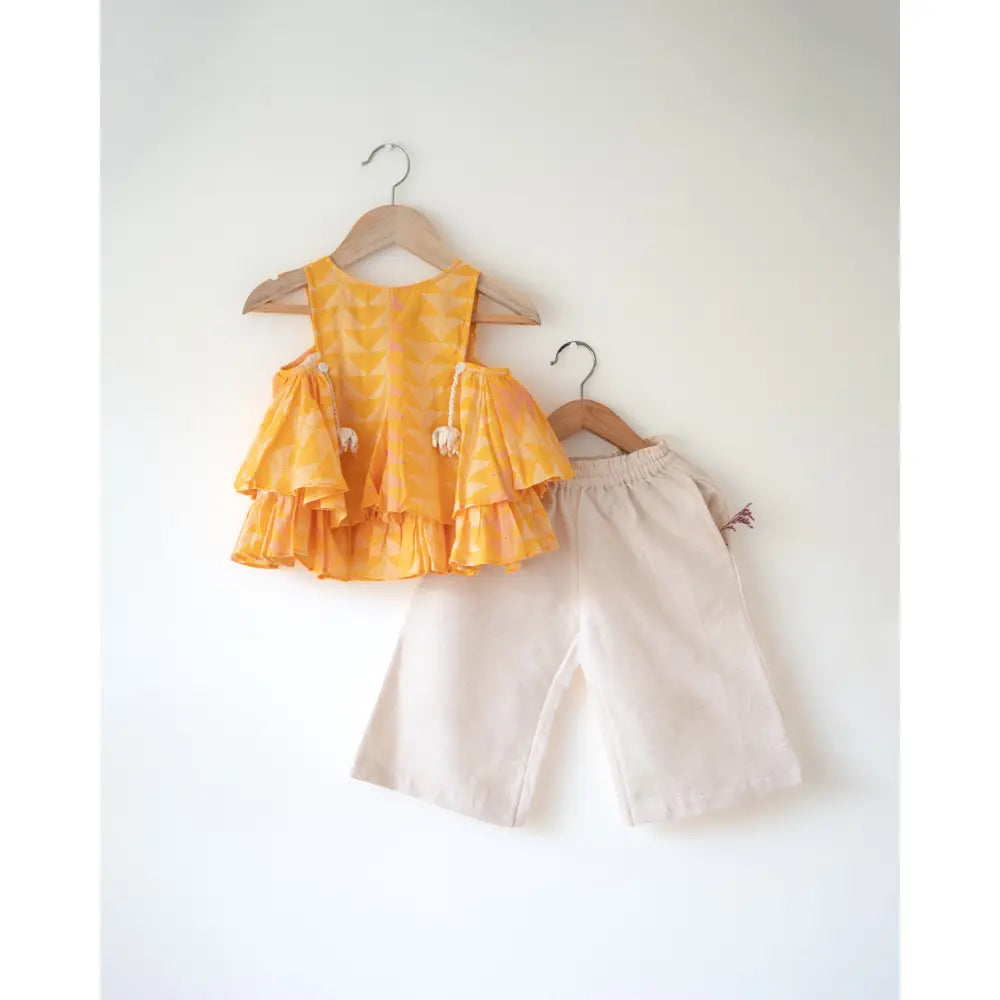 Love The World Today Chandan Mustard Yellow Ruffle Top &amp; Off-White Palazzo Set For Girls