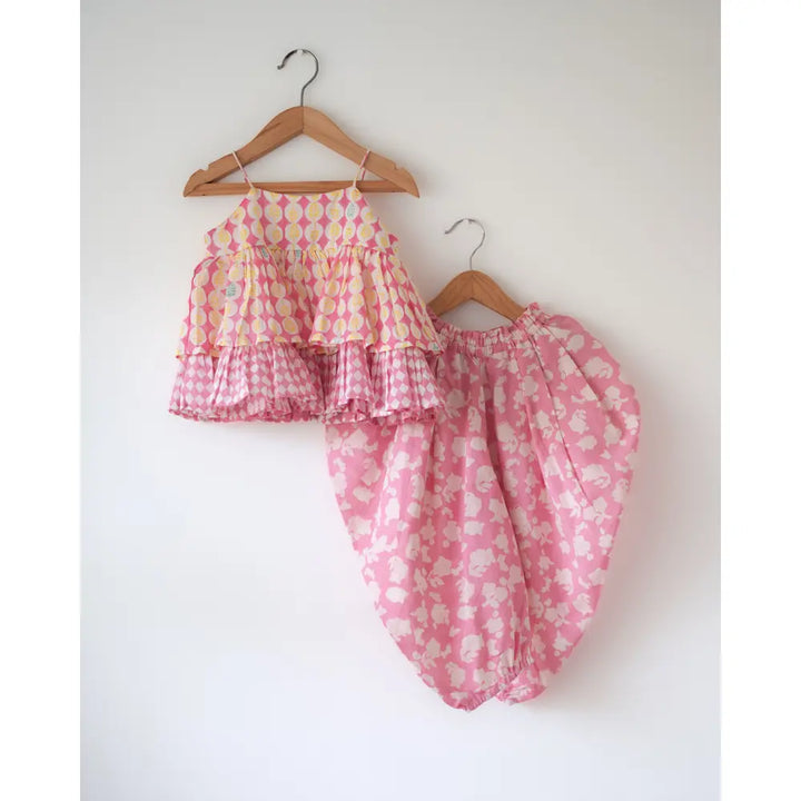 Love The World Today Leela Flared Top For Girls With Pink Floral Cowl Dhoti Pants Co-Ord Set