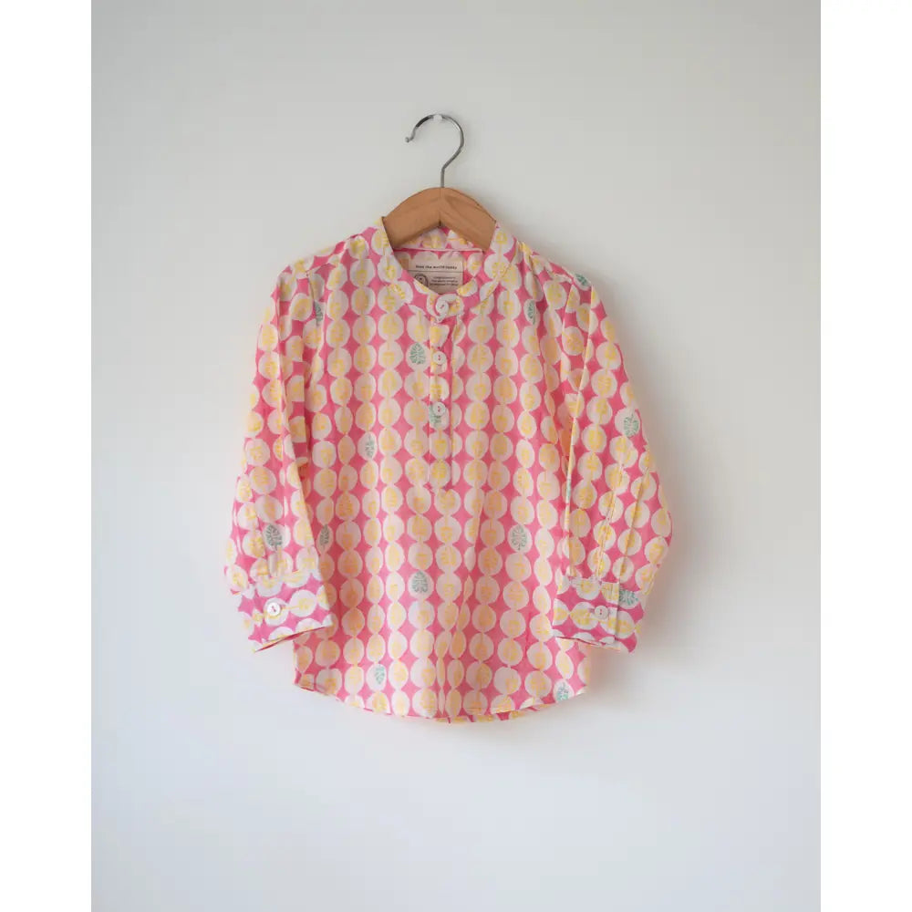 Love The World Today Leela Pink White Monstera Print Full Sleeve Shirt Kurta For Boys