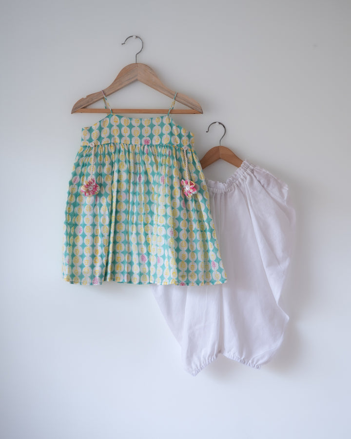 Love The World Today Rasa Green Monstera Print Kurta with White Cowl Dhoti Pants Set with Dupatta For Girls