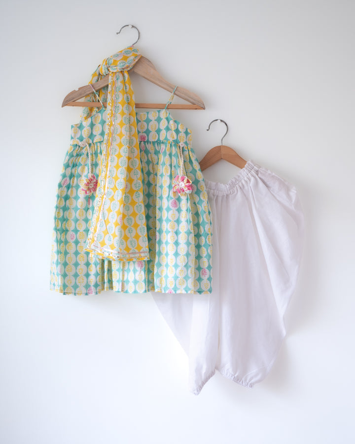 Love The World Today Rasa Green Monstera Print Kurta with White Cowl Dhoti Pants Set with Dupatta For Girls