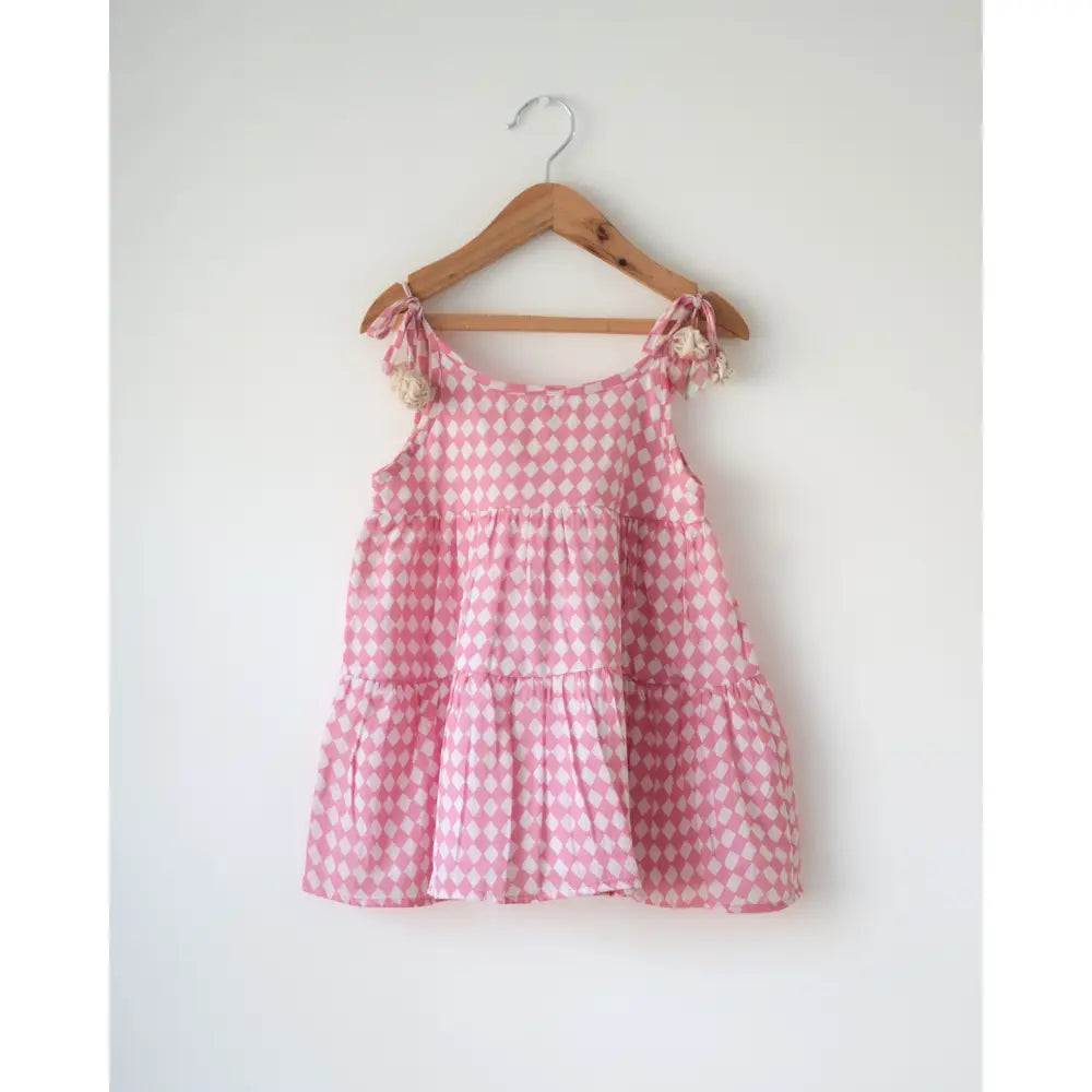 Love The World Today Leela Pink Rhombus Infant Tiered Frock For Girls