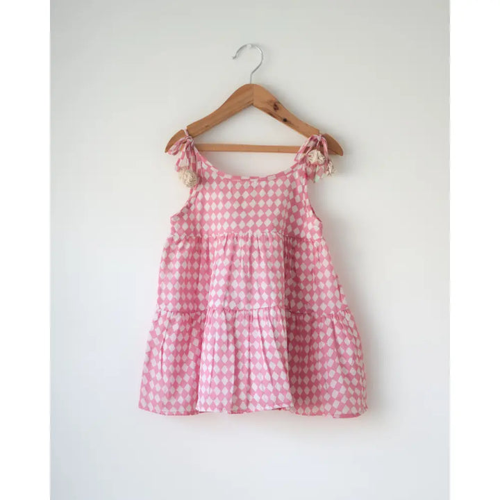 Love The World Today Leela Pink Rhombus Infant Tiered Frock For Girls