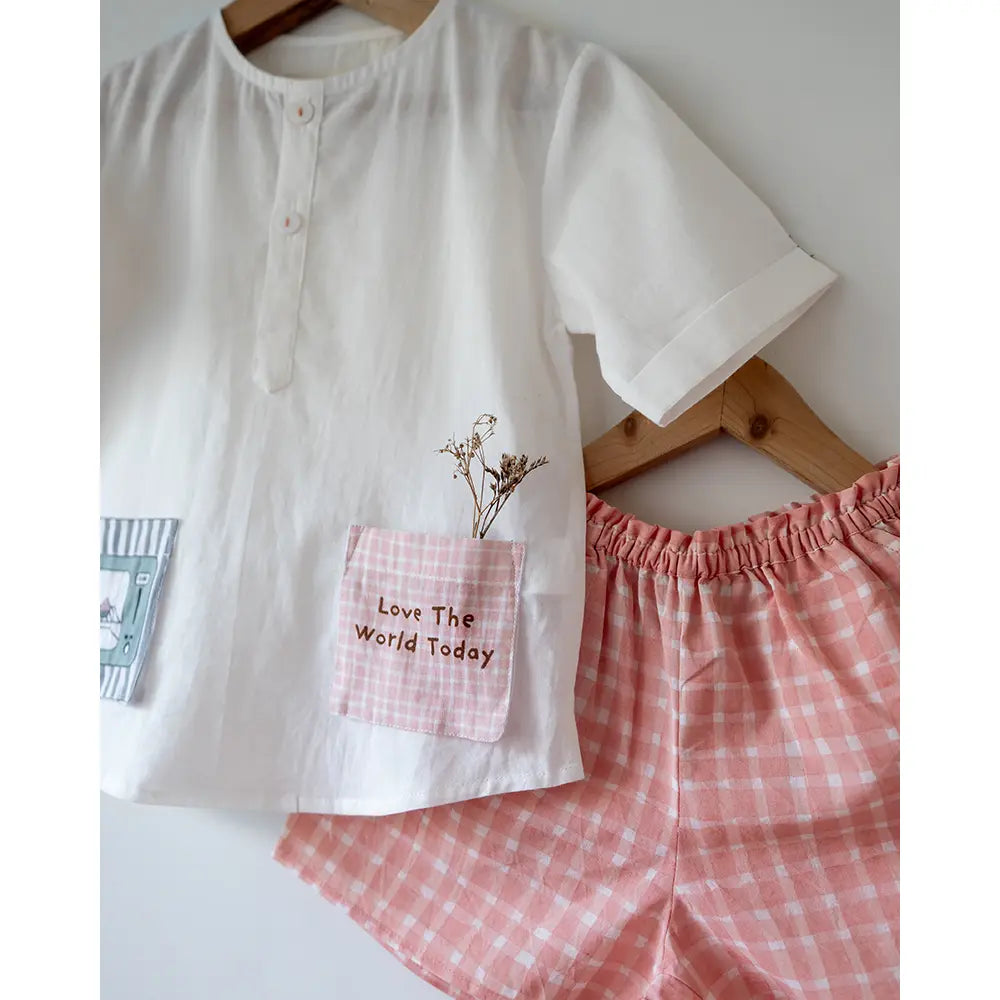 Love The World Today Sleepover Party Kurta and Shorts Co-ord Set - Warm Whiff Print - Off White