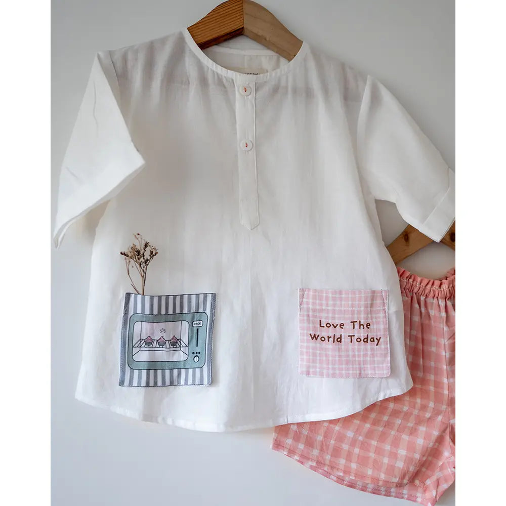 Love The World Today Sleepover Party Kurta and Shorts Co-ord Set - Warm Whiff Print - Off White