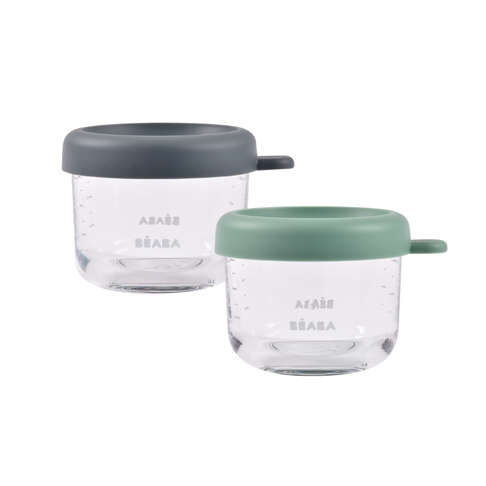 Beaba Set of 2 Glass Food Storage Containers 150 ml - Sage Green & Mineral