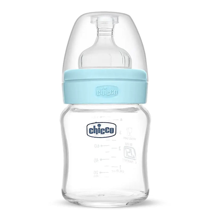 Chicco Well-Being Glass Feeding Bottle (120ml, Slow Flow) - Blue