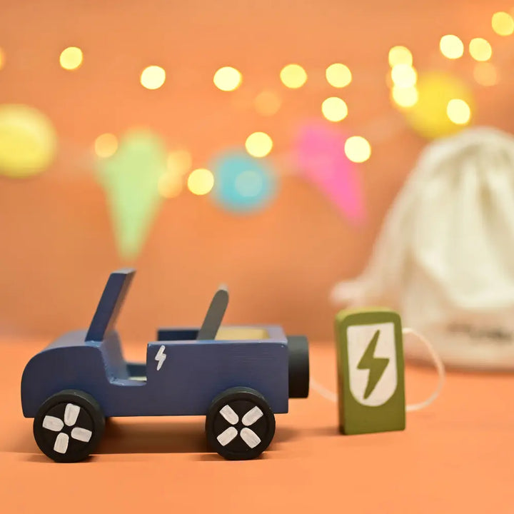 Playbox Wooden EV Jeep with Artificial Wooden Electric Charger