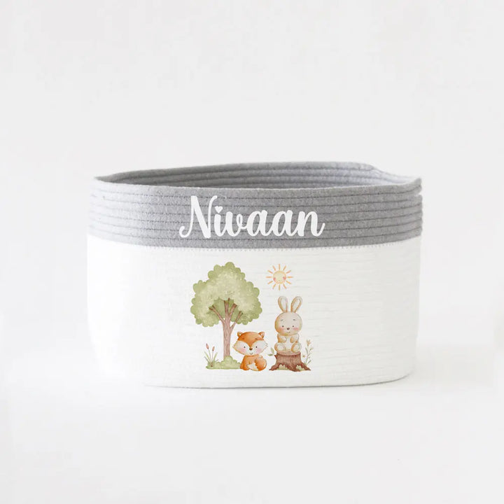 The Tiny Trove Personalized Storage Basket - Medium - Woodland Theme - Grey