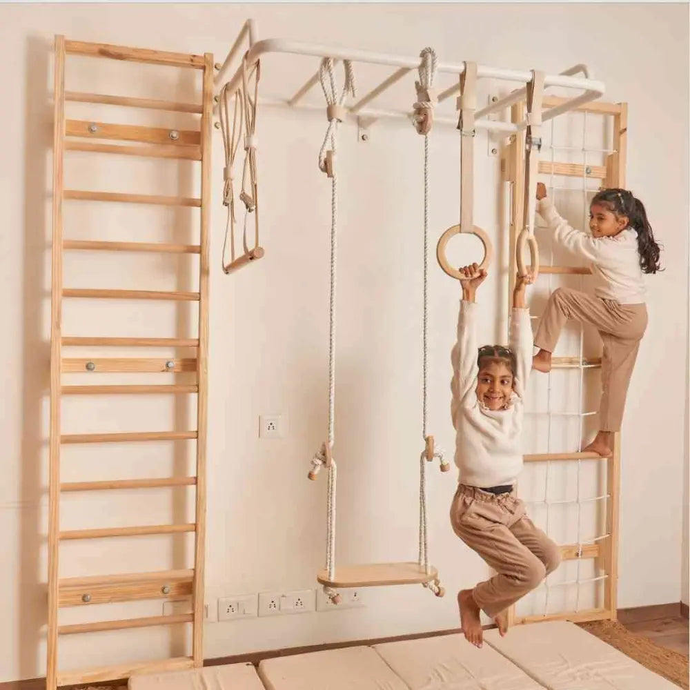 Curious Cub Ultimate Jungle Gym 2 | 6 Components - Monkey Bar, Wooden Ladder, Rope Ladder, Gymnastic Rings, Swing Trapeze bar | Ages 4-15 Years