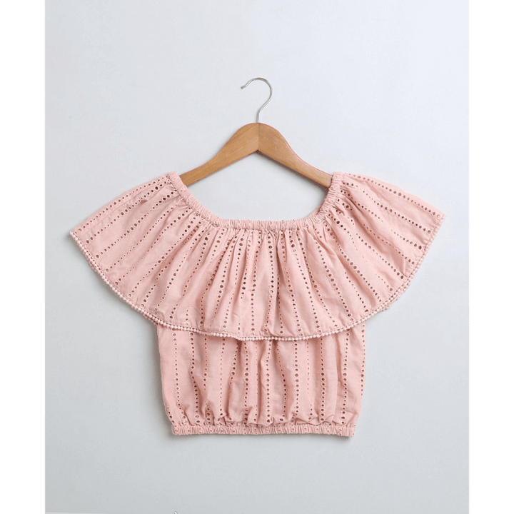 Sweetlime By AS Pastel Pink Off-Shoulder Schiffly Crop Top