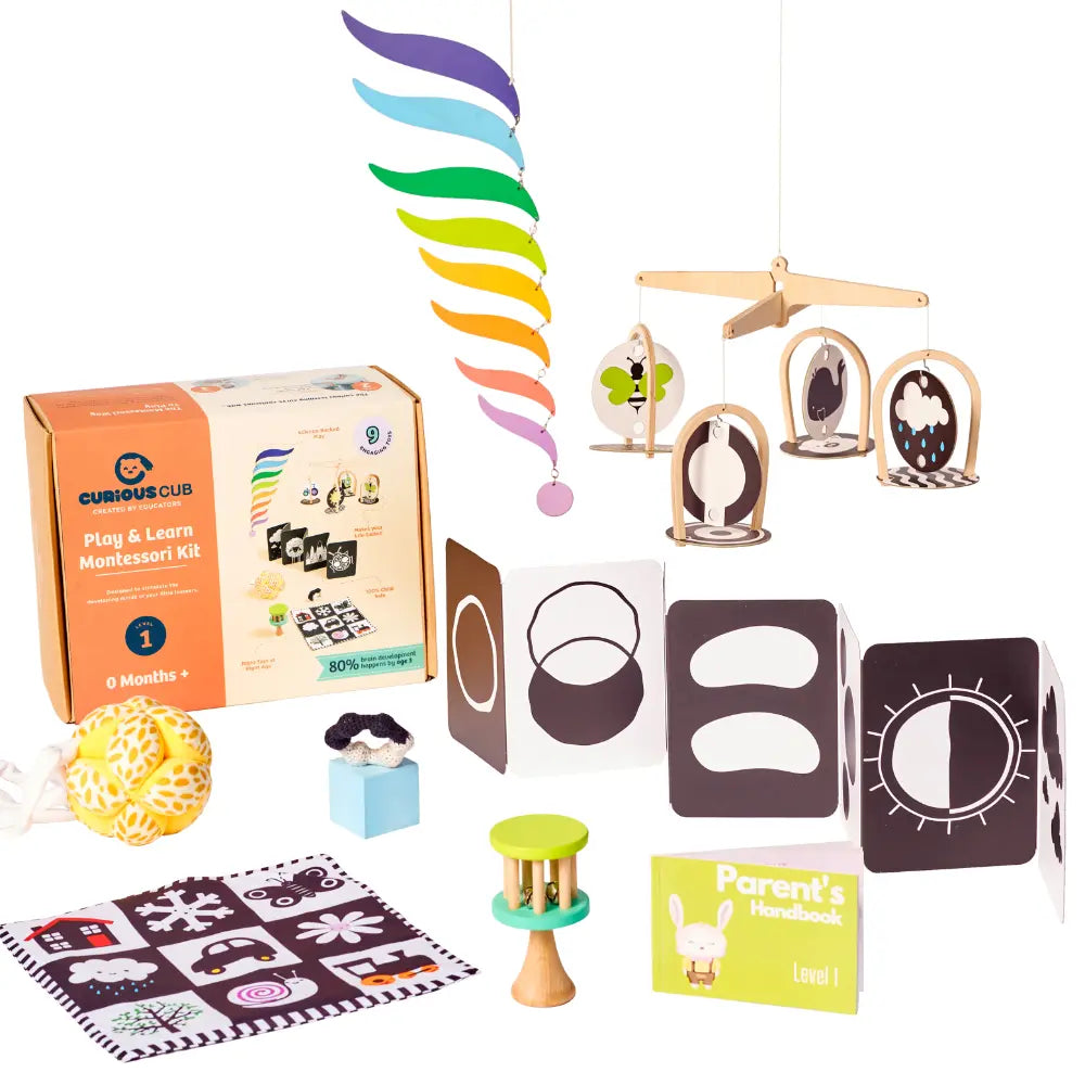 Curious Cub Montessori Box 1 | Newborn Sensory &amp; Learning Toys | Black &amp; White Mobile, Rattle &amp; More | For 0 Months +