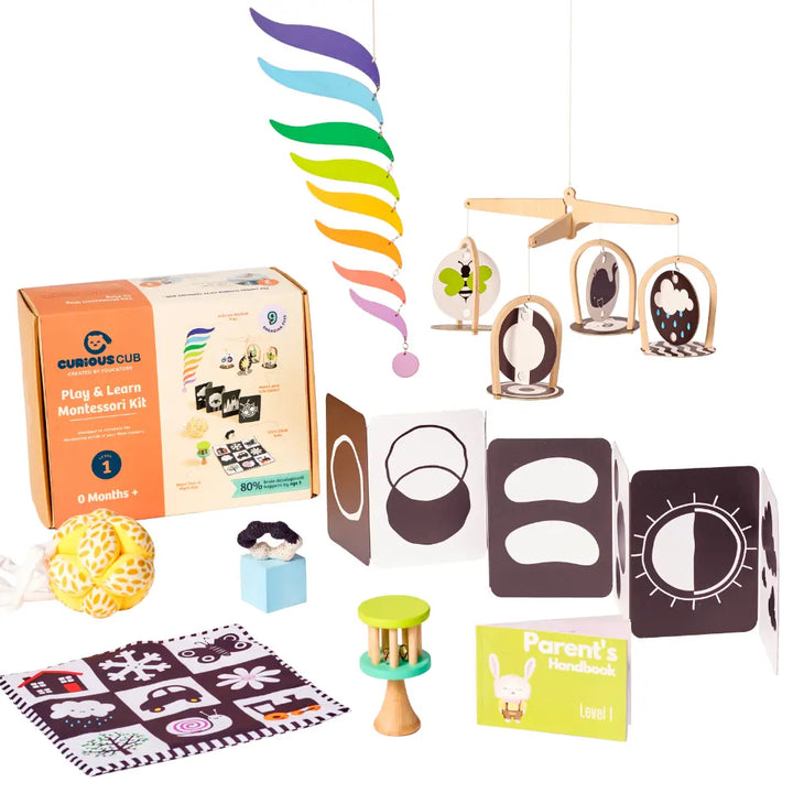Curious Cub Montessori Box 1 | Newborn Sensory &amp; Learning Toys | Black &amp; White Mobile, Rattle &amp; More | For 0 Months +