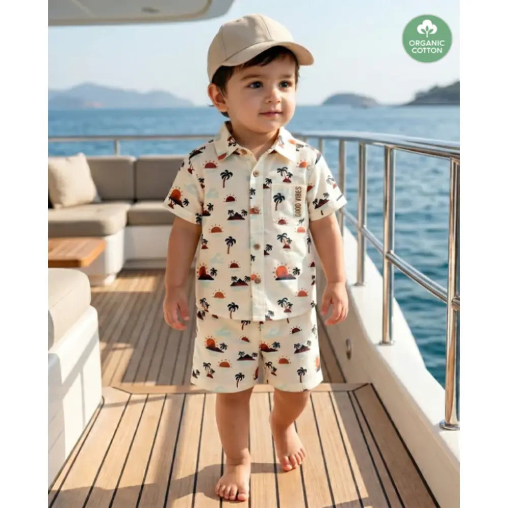 Sweetlime By AS Sunset Print Cotton Linen Co-ord Set - Beige