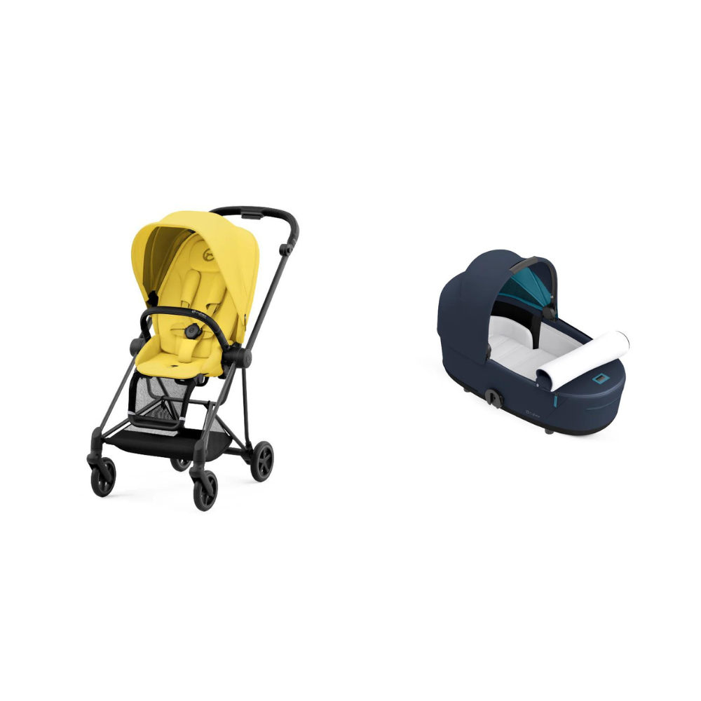 Mustard Yellow with Nautical Blue Carry Cot (Matt Black Frame)