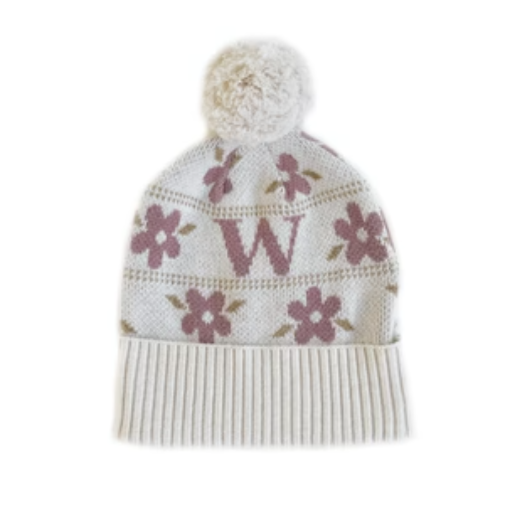 NamelyCo Floral Letter Beanie - Oatmeal