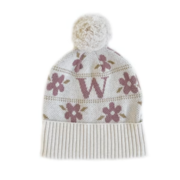 NamelyCo Floral Letter Beanie - Oatmeal