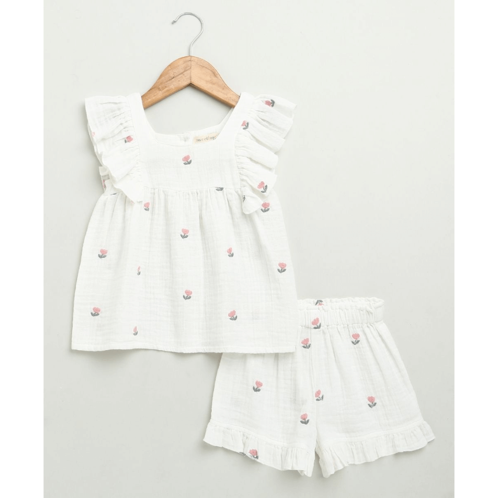 Sweetlime By AS Pink Floral Embroidery Ruffle Organic Cotton Co-ord Set