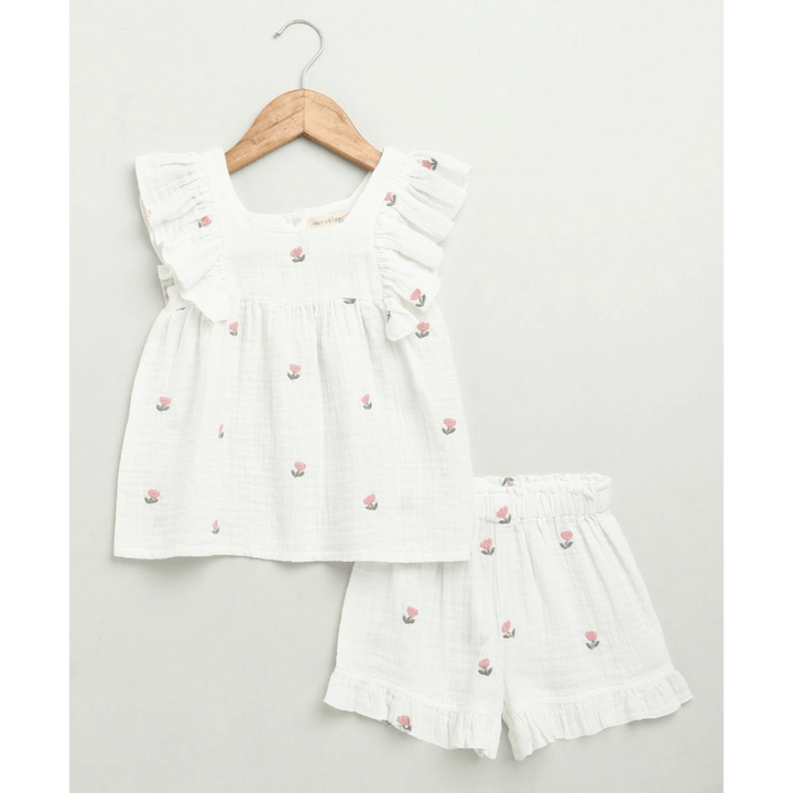 Sweetlime By AS Pink Floral Embroidery Ruffle Organic Cotton Co-ord Set