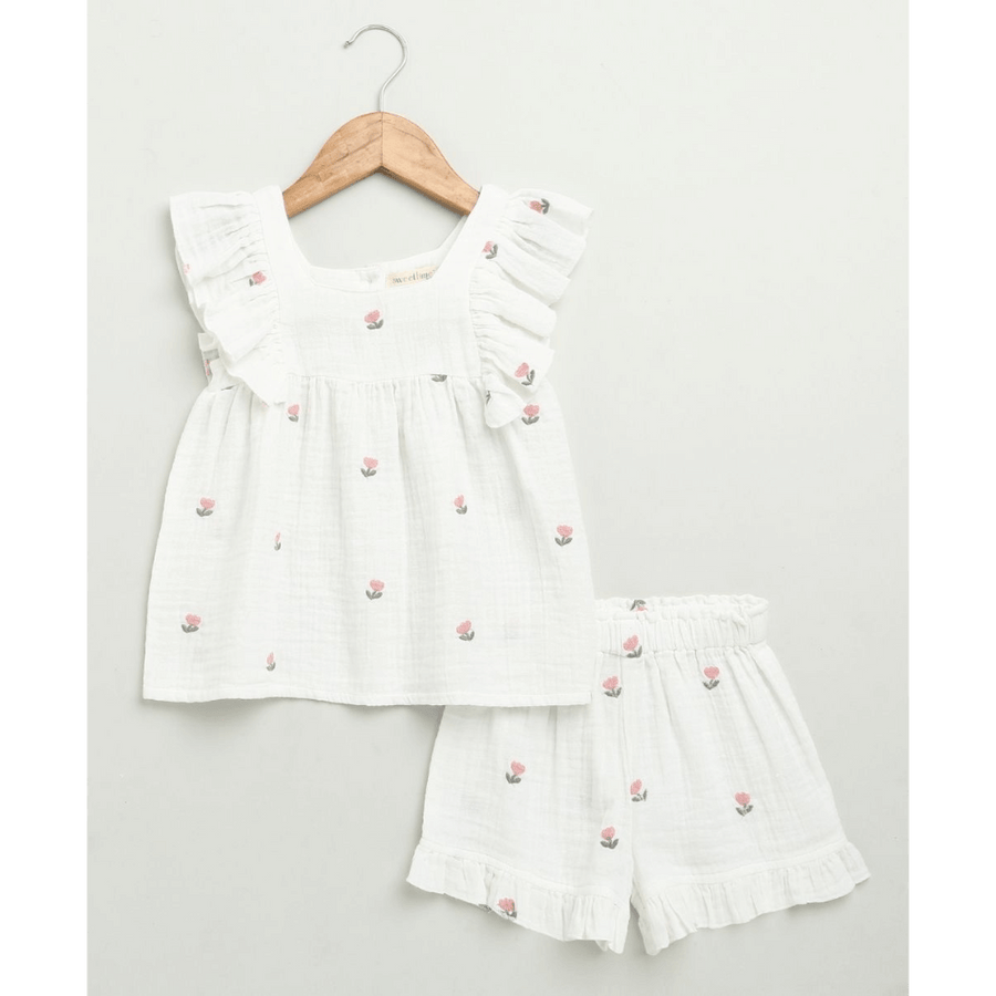 Sweetlime By AS Pink Floral Embroidery Ruffle Organic Cotton Co-ord Set