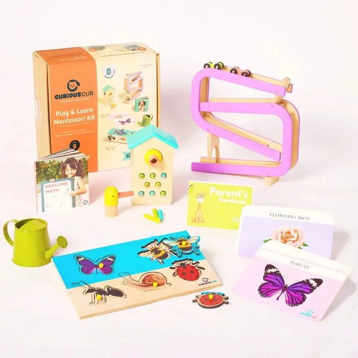 Curious Cub Montessori Box 8 | 8-Piece Wooden Toddler Toy Kit | Car Tracker, Bird Feeder &amp; More | 16+ Months