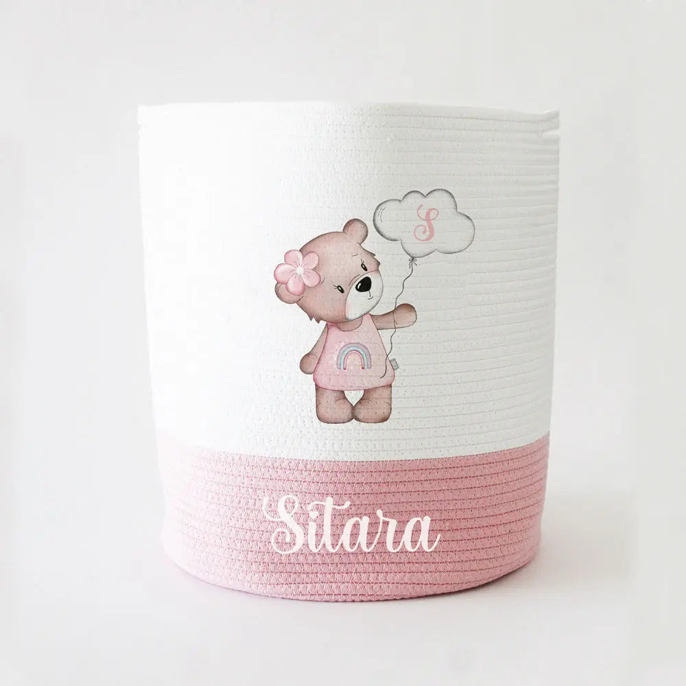 The Tiny Trove Personalized Storage Basket - Large - Teddy Theme - Pink