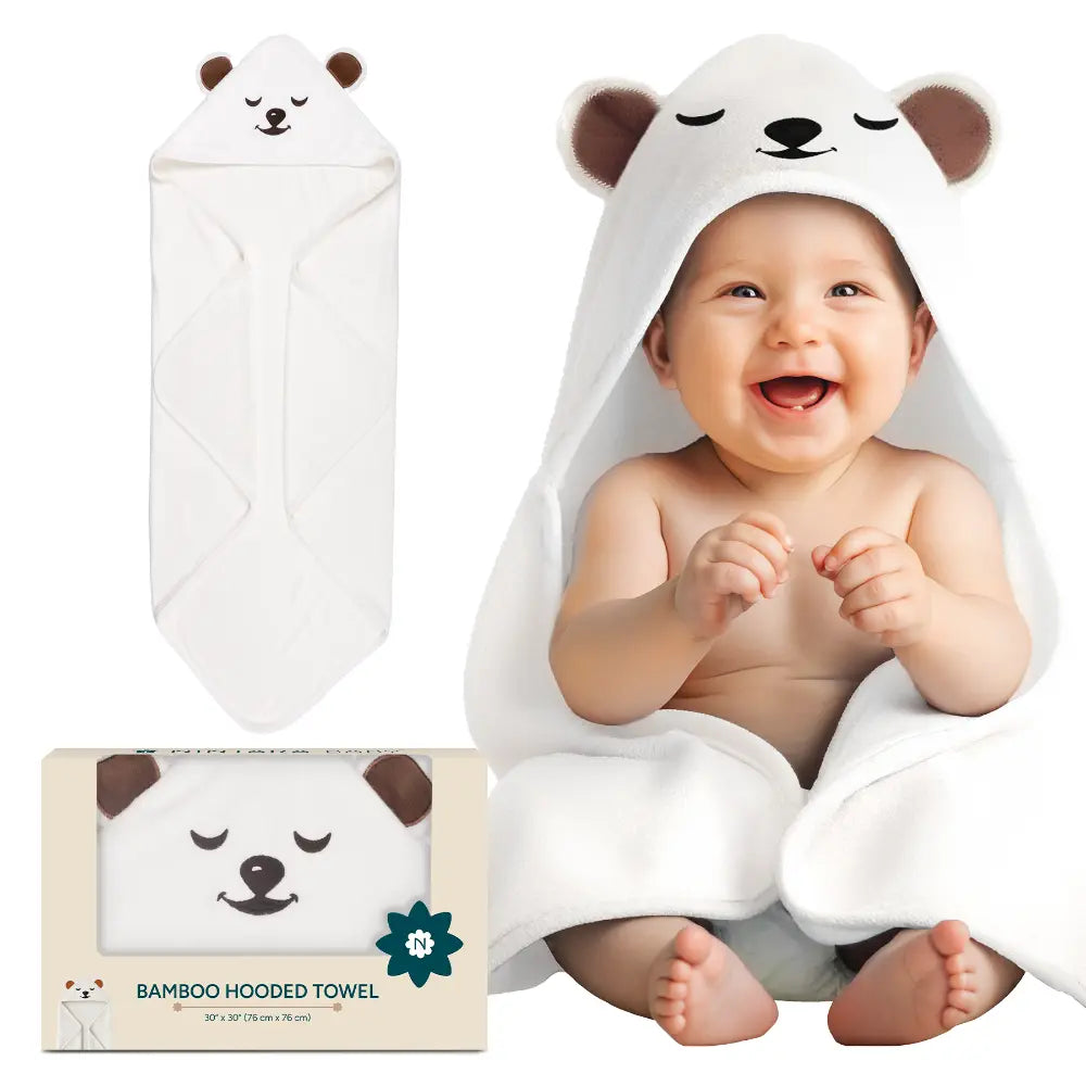 Nintara Baby Hooded Towel  -  Bamboo Cotton Bath Wrap, 30" x 30" (76 cm x 76 cm), Ultra - Absorbent - Bear