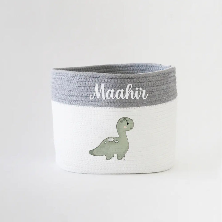The Tiny Trove Personalized Storage Basket - Small - Dino Theme - Grey