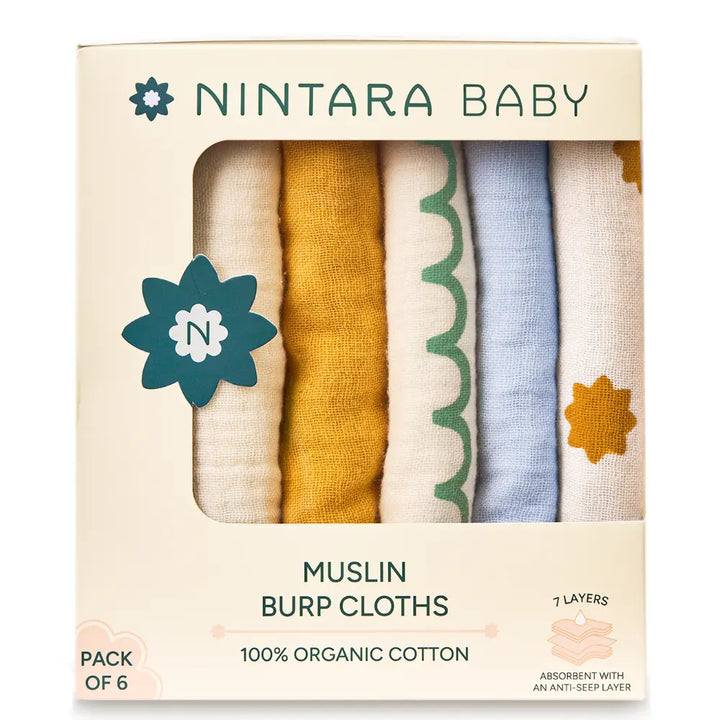 Nintara Baby Burp Cloths – 100% Organic Muslin Cotton -  Pack of 6 - Mega