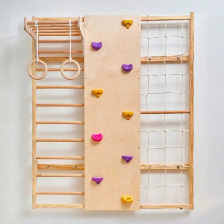 Curious Cub Wall Mounted Indoor Jungle Gym | Including 5 Activities - Monkey Bar, Rope Climbing, Rock Cimbing, Gymnastic Rings and Wooden Ladder | Active Play | Ages 2-9 Years