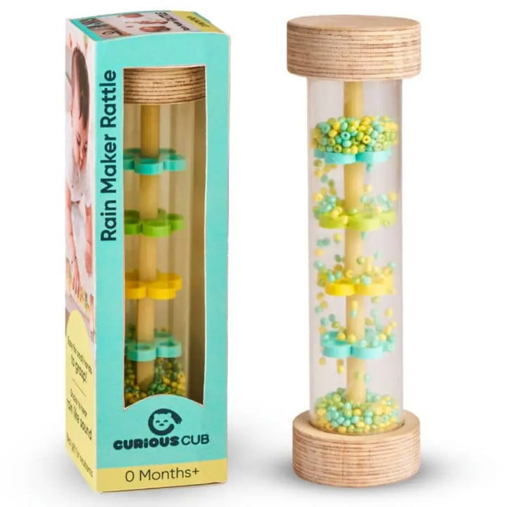 Curious Cub Wooden Rainmaker Rattle for Babies | Dual Sensory Auditory &amp; Visual Stimulation | Brain Development Toy | 0-12 Months