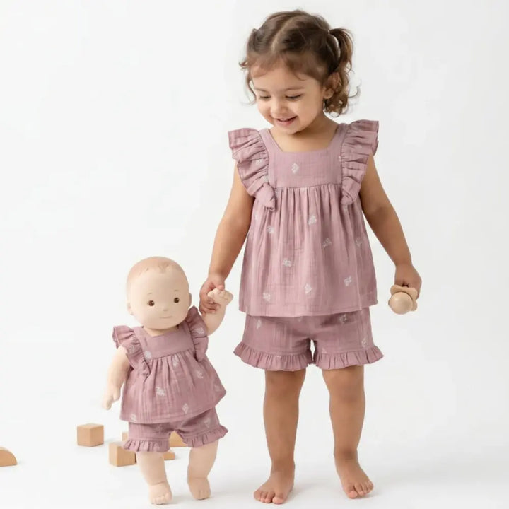 Sweetlime By AS Leaf Embroidered Ruffle Organic Cotton Co-ord Set - Dusty Pink