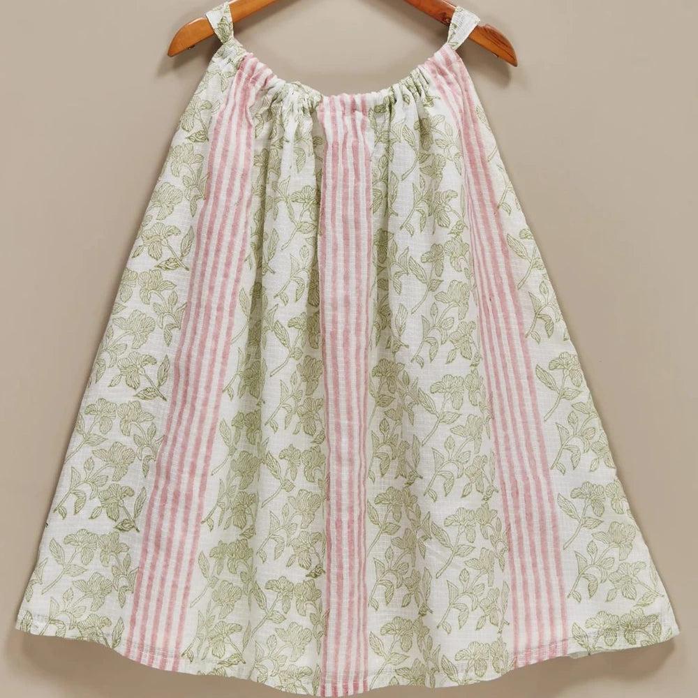 Liz Jacob Girls | White Kota Cotton Blockprinted Dress | Morning Dew