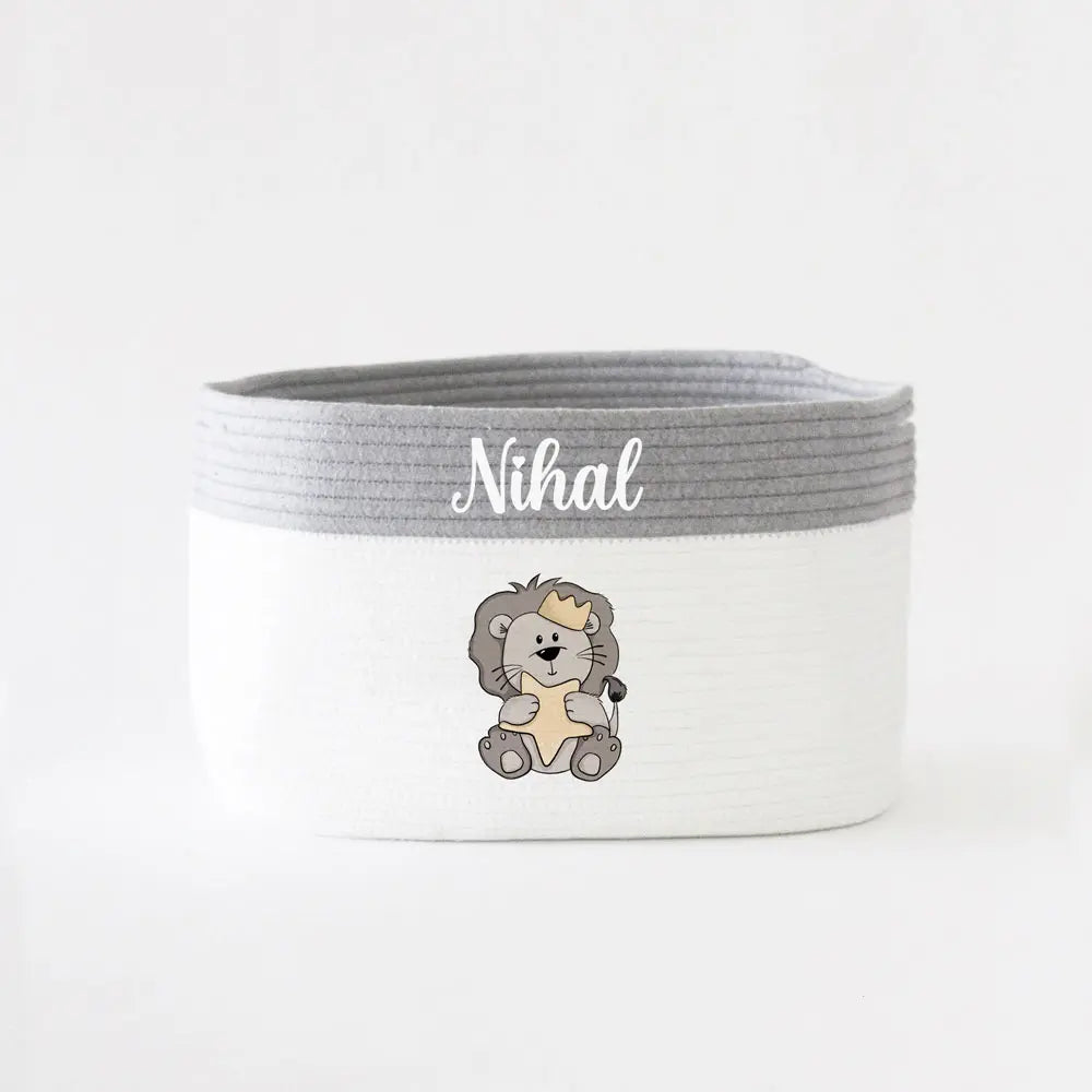 The Tiny Trove Personalized Storage Basket - Medium - Lion Theme - Grey