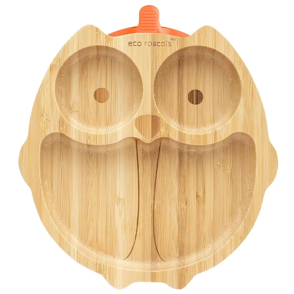 Eco Rascals Bamboo Owl Shaped Plate - Baby Led Weaning, 3 Section Plate - Non Toxic, Natural Bamboo with Strong Suction, FDA Approved, 100% Silicone Suction Bases, BPA-PVC Free - Orange