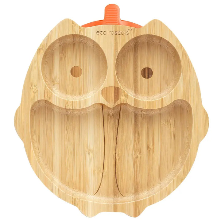 Eco Rascals Bamboo Owl Shaped Plate - Baby Led Weaning, 3 Section Plate - Non Toxic, Natural Bamboo with Strong Suction, FDA Approved, 100% Silicone Suction Bases, BPA-PVC Free - Orange