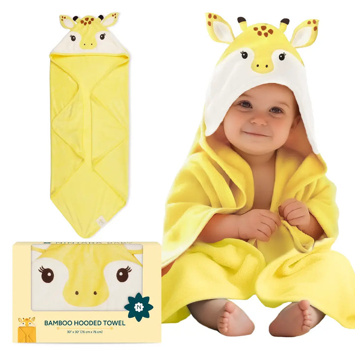 Nintara Baby Hooded Towel  -  Bamboo Cotton Bath Wrap, 30" x 30" (76 cm x 76 cm), Ultra - Absorbent - Giraffe