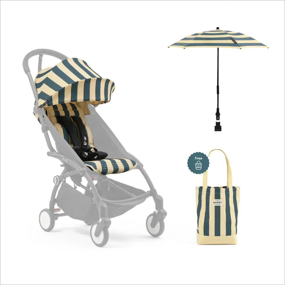 Stokke YOYO³ Riviera Summer Kit | Limited Edition Summer Collection for YOYO³ Stroller | Includes Seat Pad, Extendable UPF 50+ Canopy &amp; Zipped Back Pocket | Lightweight Luxury Travel Styling | Requires YOYO³ Frame (Sold Separately) - Monaco