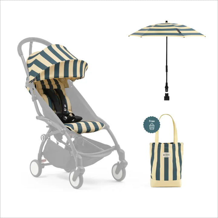 Stokke YOYO³ Riviera Summer Kit | Limited Edition Summer Collection for YOYO³ Stroller | Includes Seat Pad, Extendable UPF 50+ Canopy &amp; Zipped Back Pocket | Lightweight Luxury Travel Styling | Requires YOYO³ Frame (Sold Separately) - Monaco