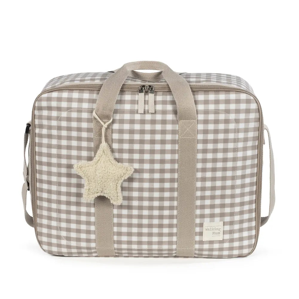 Walking Mum Maternity Hospital Bag with Large Capacity, Water-Resistant Multi-Storage Organizer, Hand Handles &amp; Shoulder Straps, Personalized Charm, Checkered Print - Sand