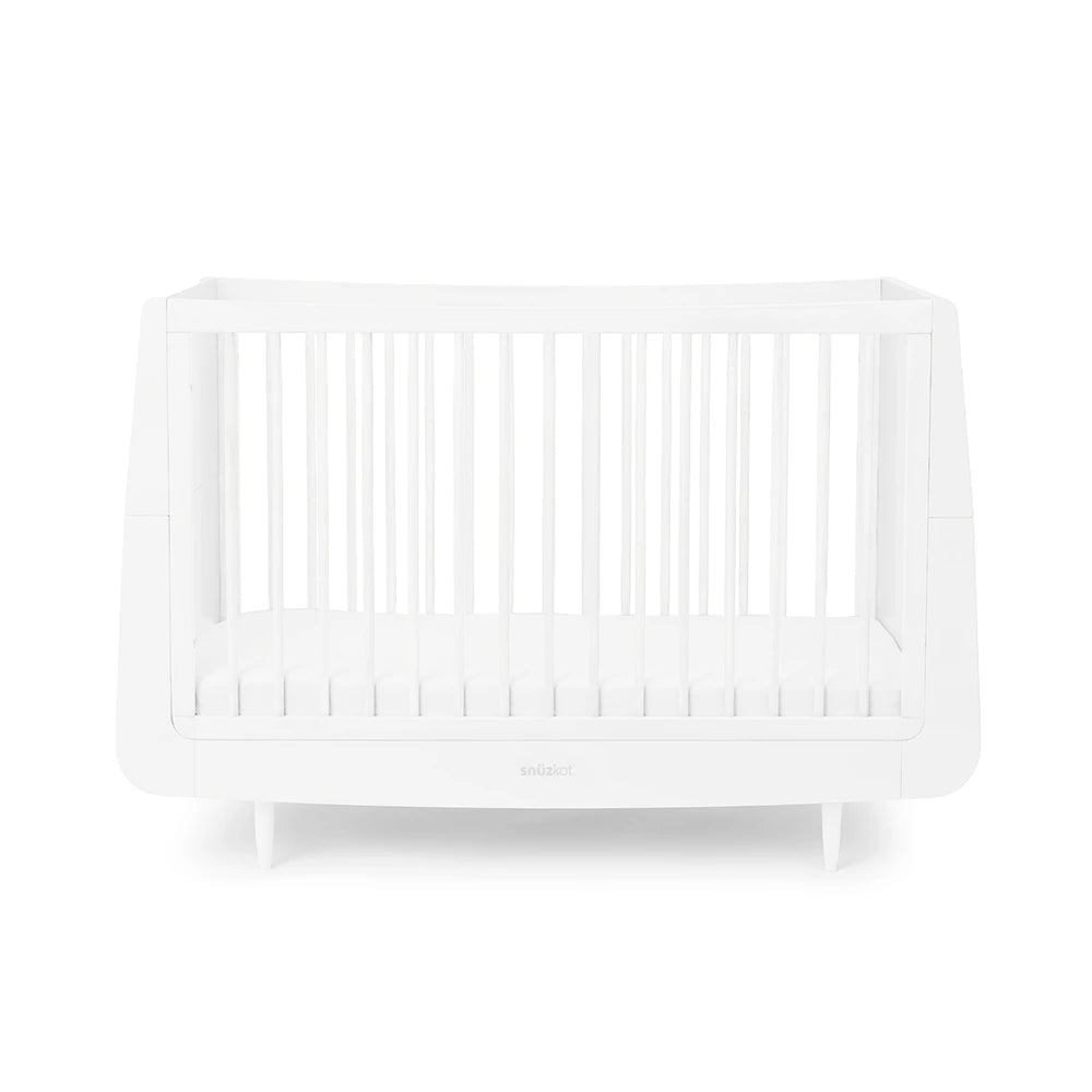 SnuzKot Convertible Cot &amp; Bed from Birth to 4 Years - Adjustable 3 Height Settings, Includes Mattress, Safe and Durable Wooden Crib with Breathable Airflow Design - White