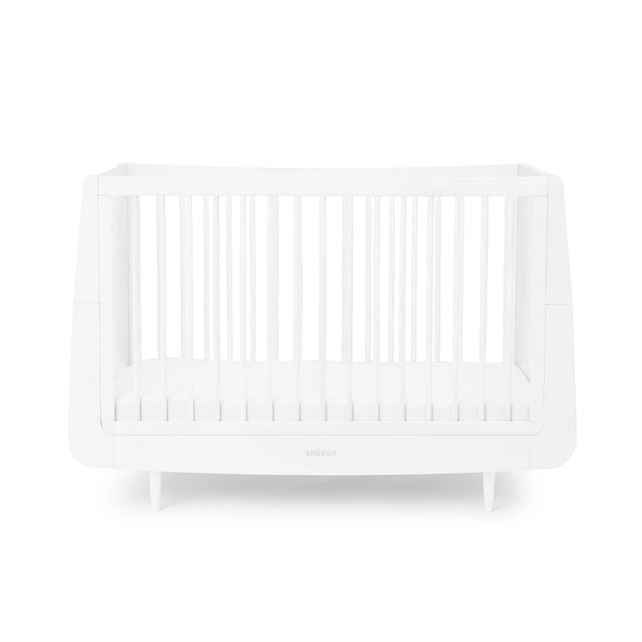 SnuzKot Convertible Cot &amp; Bed from Birth to 4 Years - Adjustable 3 Height Settings, Includes Mattress, Safe and Durable Wooden Crib with Breathable Airflow Design - White