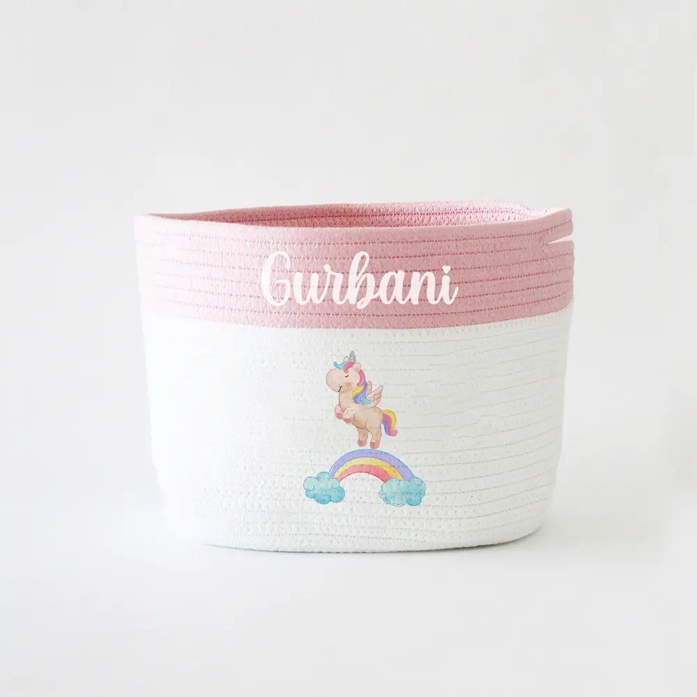 The Tiny Trove Personalized Storage Basket - Small - Unicorn Theme - Pink